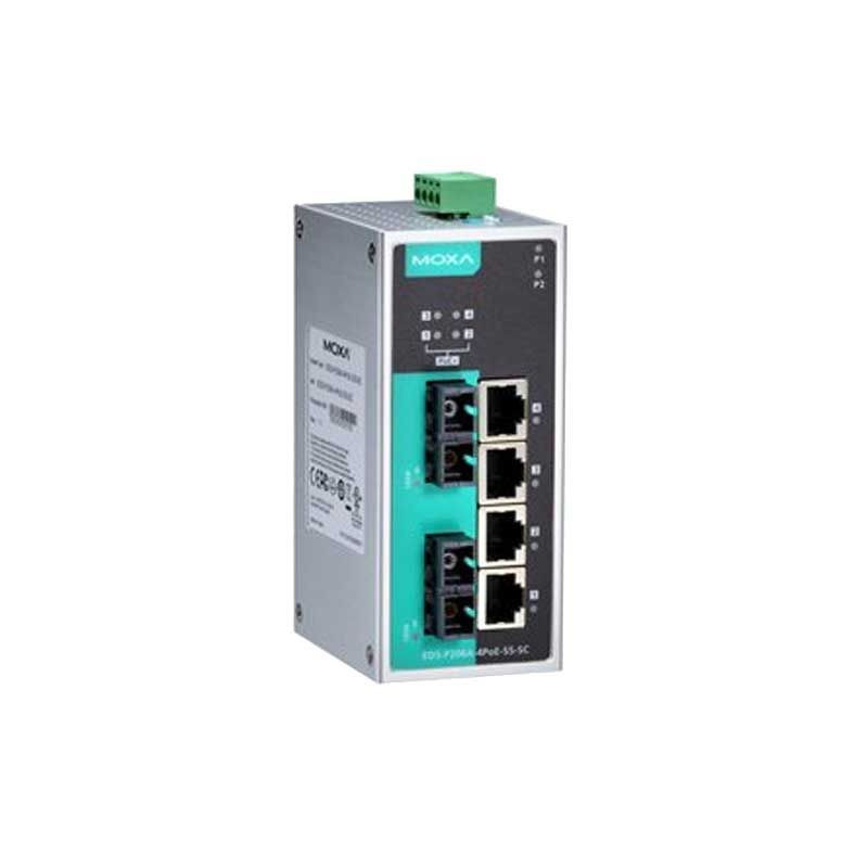 4 PoE+ və 2 fiberoptik portlu MOXA EDS-P206A idarə olunmayan 6 portlu açarlar