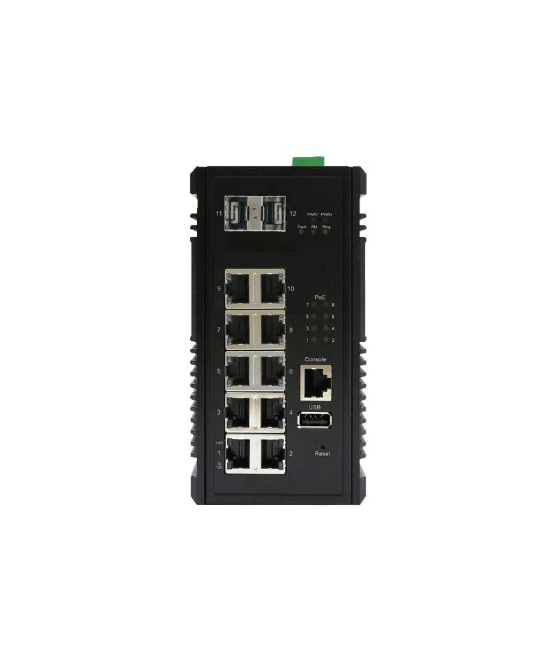 يحتوي المحول الصناعي ذو الطبقة 3 CP-1002X على 10 منافذ جيجابت مع 8 منافذ 30 وات و2 منافذ SFP 10 جيجابت